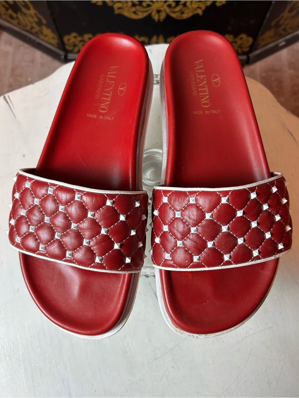 VALENTINO Women Red Leather Rockstud Quilted Slides Sandals 38 EU 8 US